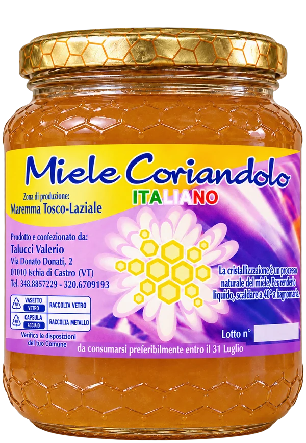 Vasetto di miele di coriandolo dell'Apicoltura Valerio Talucci